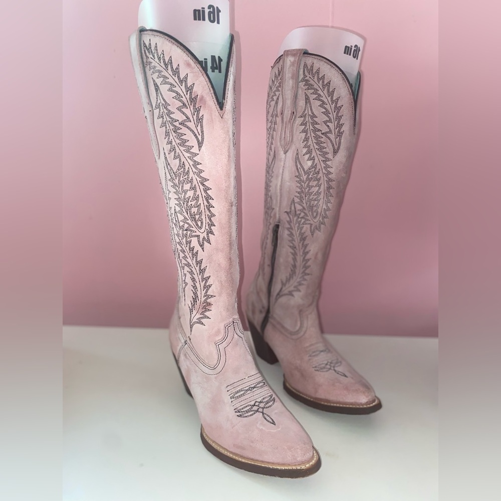 Corral Pink Heeled Boots with Silver Embroidery